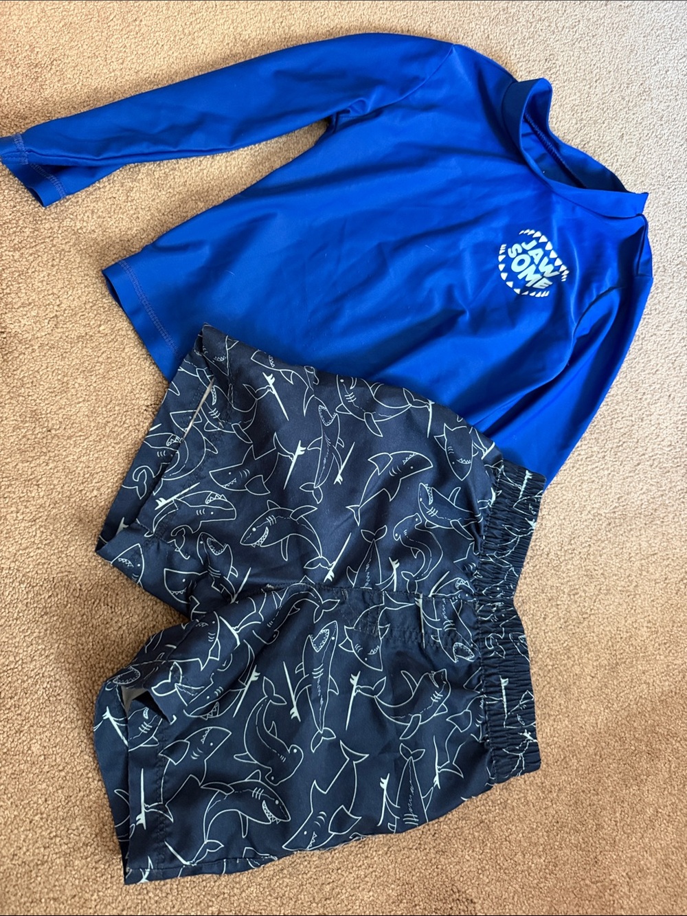 Kids Blue Rash Guard and Shark Swim Shorts Set 3T